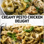 Bowl of creamy chicken pesto pasta with artichokes garnished with basil and parmesan cheese. 2026